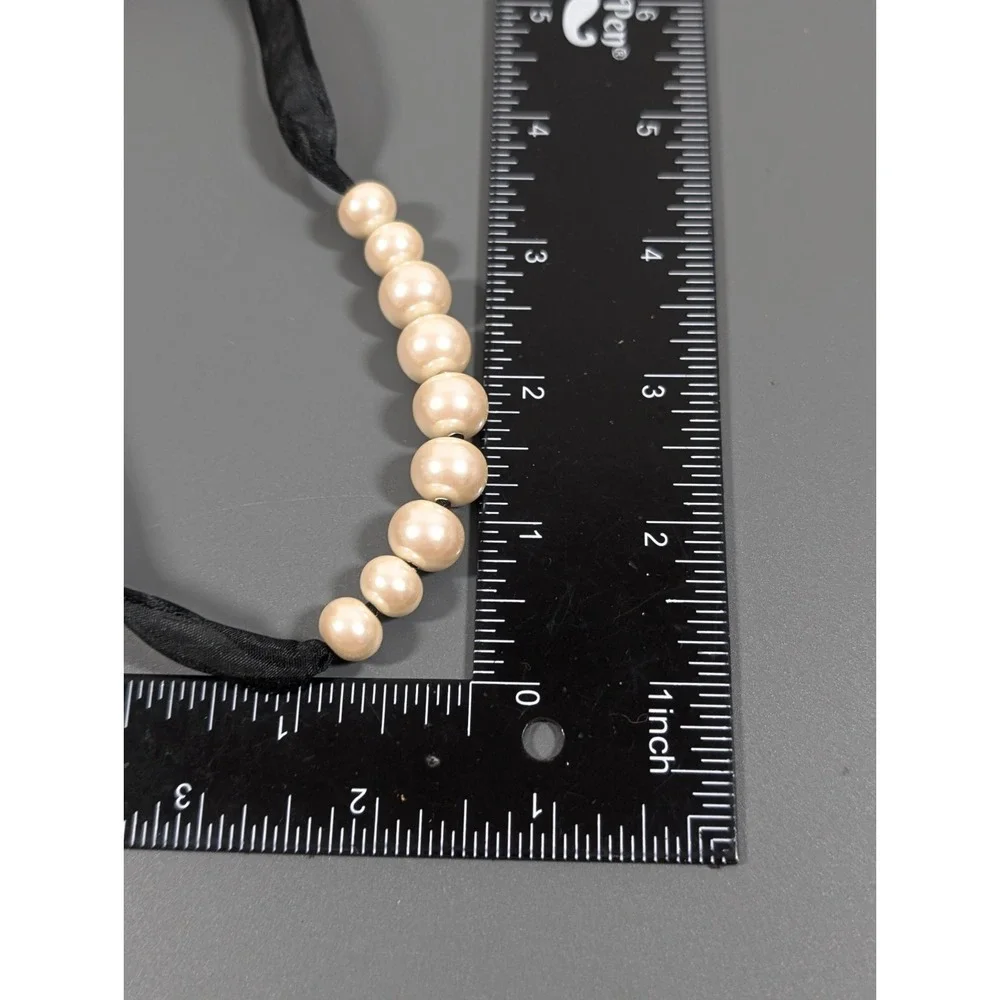 Retro Black Ribbon Choker Necklace Faux Pearl Charms 17‎ in